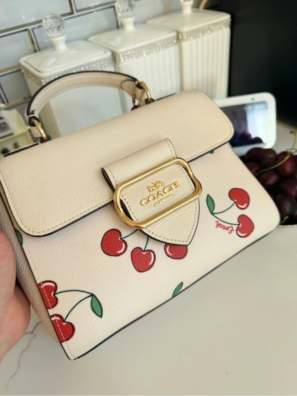 Coach White Leather Top Handle Bag with Cherry Print